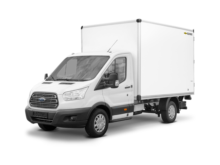 Photo of a white Ford van with a white Humbaur Flexbox.