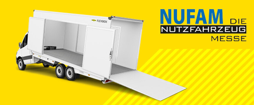 Nufam 2023 | © Humbaur GmbH Bannerabbildung mit Hinweis auf Messe Nufam 2023 mit Humbaur Fahrzeugaufbauten. | © Humbaur GmbH