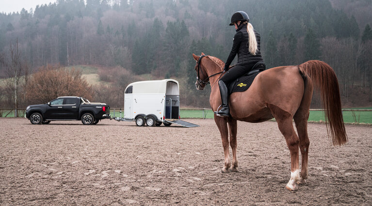 Im Vordergrund zu sehen eine Dame die auf ihrem Pferd reitet und im Hintergrund zu sehen ein Equitos Alu