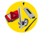 Sur un fond circulaire jaune se trouvent quatre pièces de rechange différentes pour les remorques. | © Humbaur GmbH